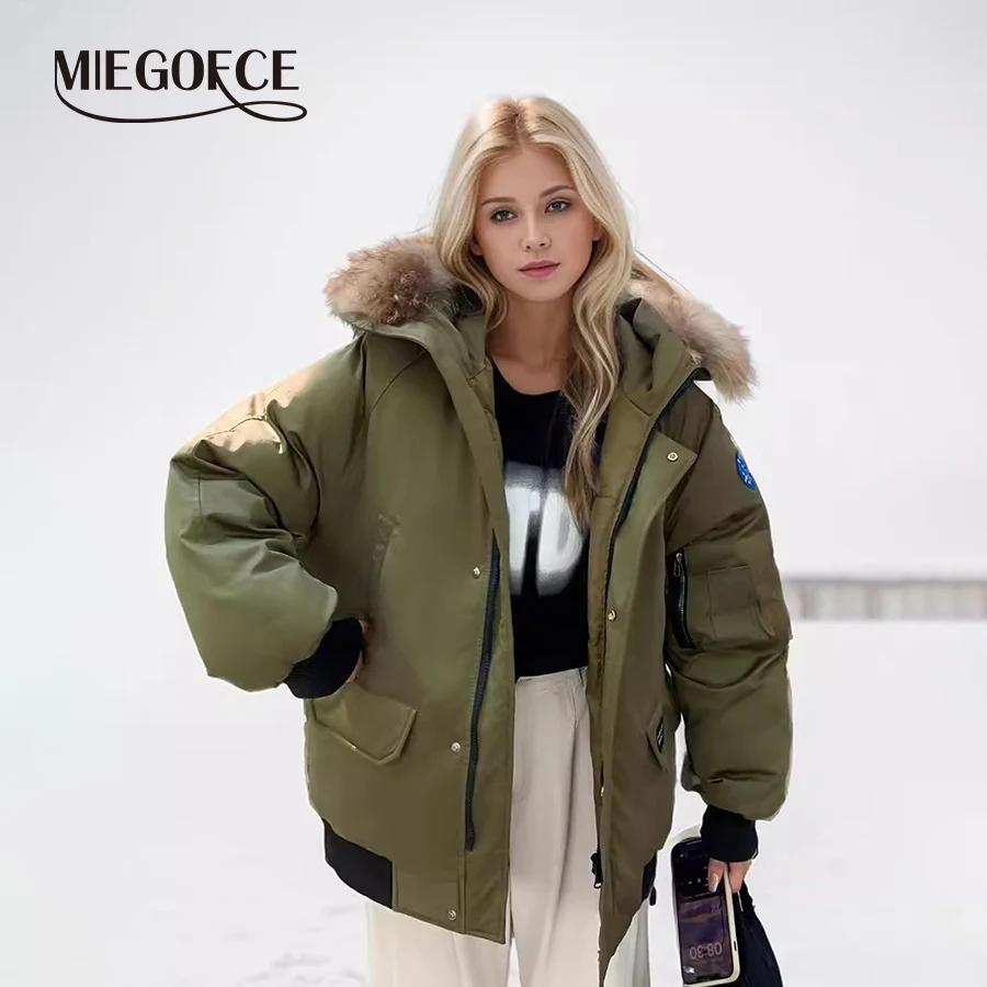 MIEGOFCE Women's 2024 New Loose Pocket Zipper Coat Hooded Raglan Sleeve Jacket Fake Fur Collar Detachable Thick Parka MZ-24582