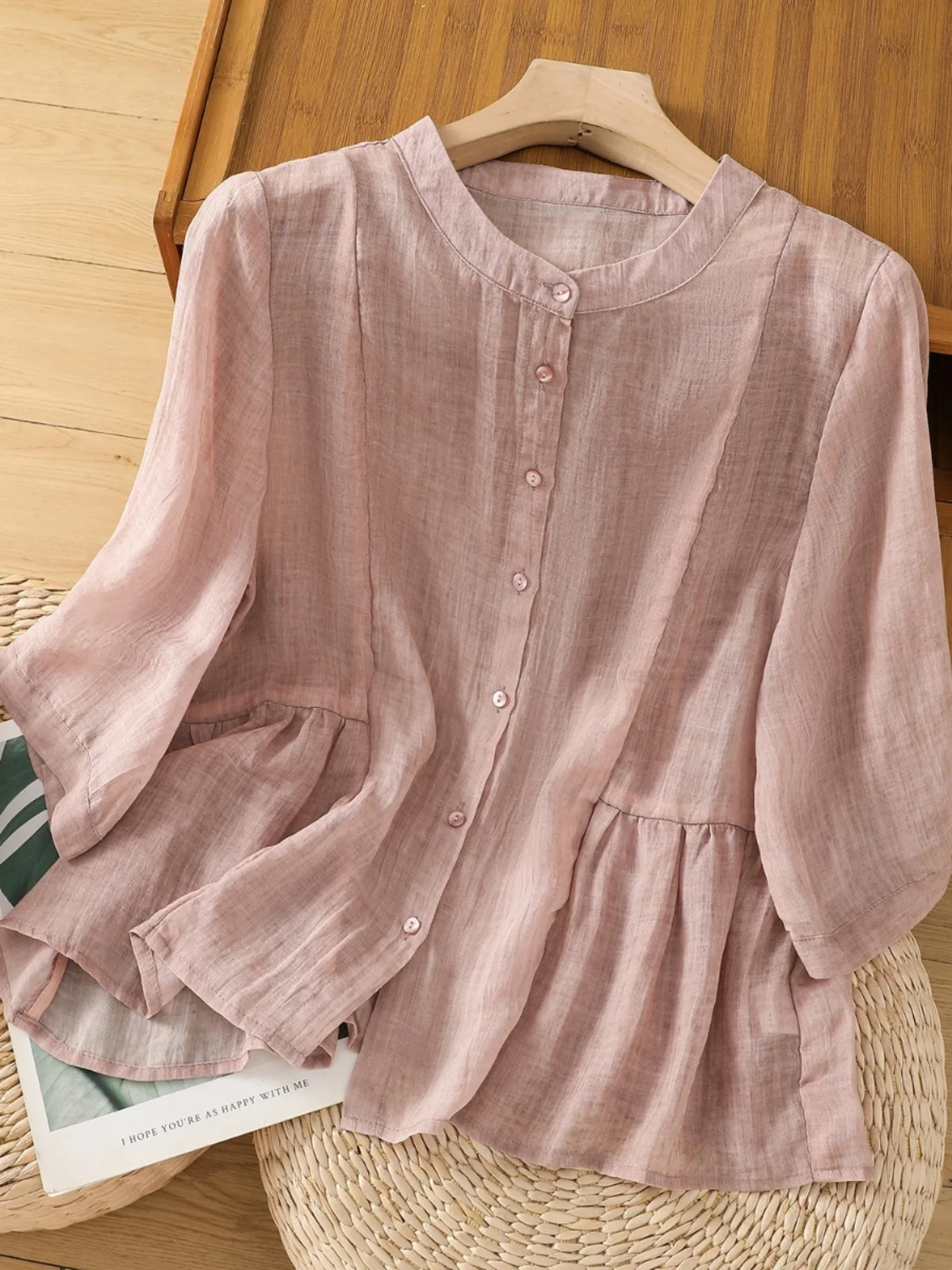 

Retro Cotton Linen irt Women's Summer Slim Fit round Ne Thin Loose Sle Five Sve Button up Top Commute Faion