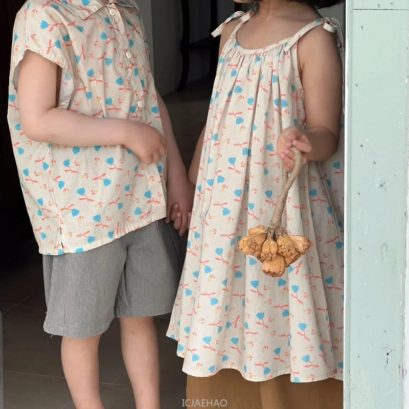 

Korean Fashion Children Clothing Sister and Brother Matching Clothes Look Child Girls Strap Dress Kids Boys Print Shirts Holiday