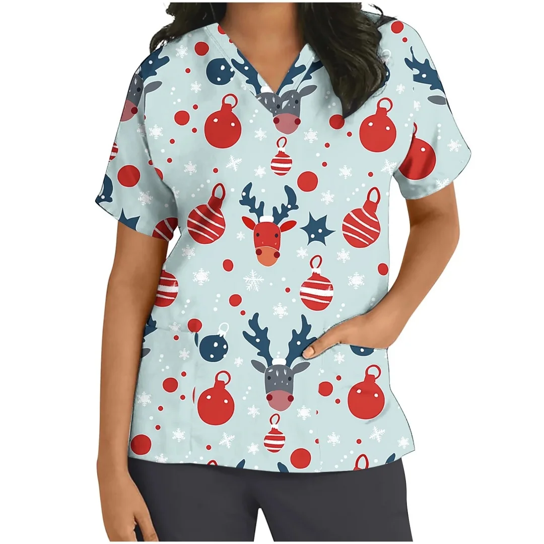 Kerst Scrub Medische Damesmode Zomer Cartoon Patroon Print V-hals Korte Mouwen Medische Kleding Vrouwen Verpleegster Uniform