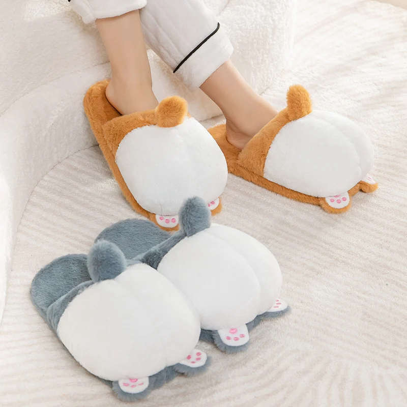 Corgi ass Shoes Women Winter Slippers Warm Plush Soft Sole Girls Indoor Home Floor Slipper Pink Color Ladies Cartoon Footwear