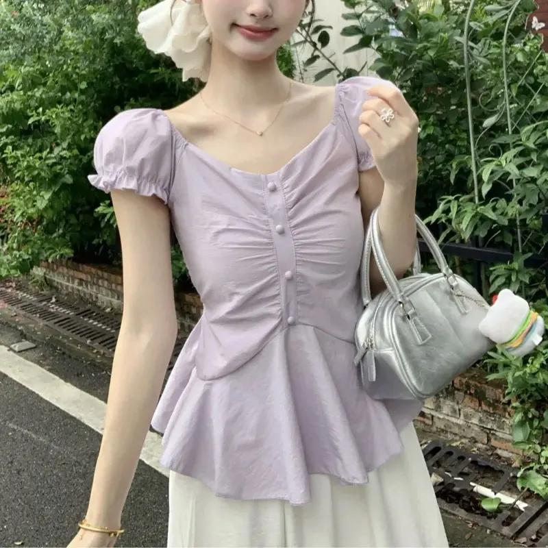 

Stylish Folds Korean Puff Sleeve Slim Blouse Women's Clothing Solid Color Summer Aura V-Neck Button Elegant Short Sleeve Shirts
