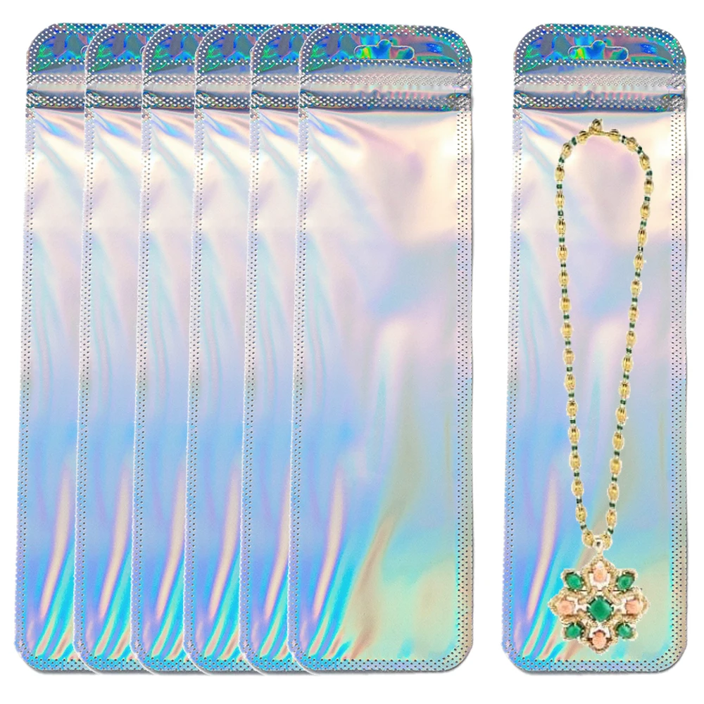 50pcs Holographic Mylar Bags Plastic Hanging Self Sealing Pouch for Necklace Keychain Jewelry Pen Storage Small Business Package