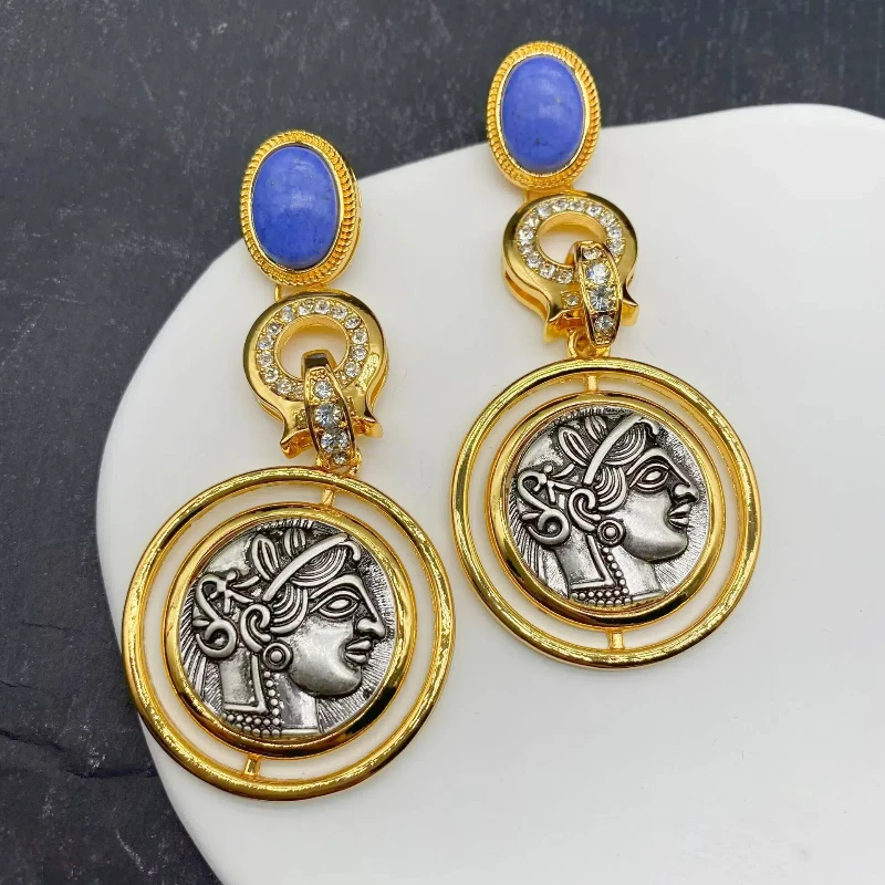 

Vintage Gold Plated Natural Stone Emboss Portrait Coins Earrings For Women Fashion Statement Long Face Indian Jewelry Brincos