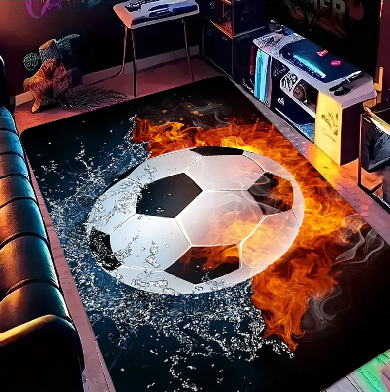 Flammen-Halo Fußballmuster Teppich Dynamischer Sportstil Rutschfeste Bodenmatte für Wohnzimmer Spielbereiche