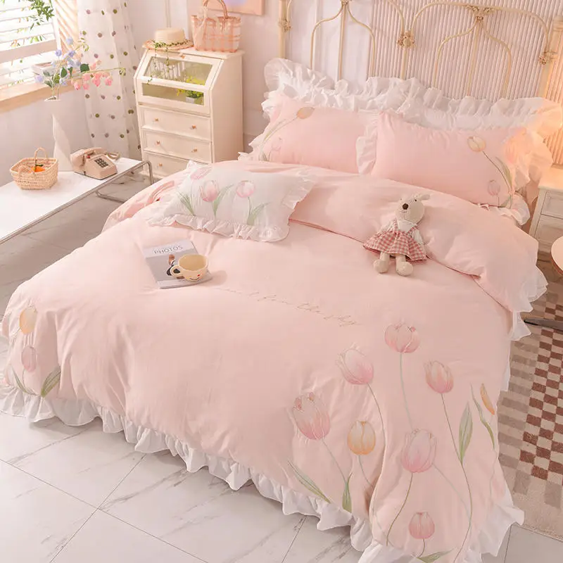 Tulip Embroiderd Princess Bedding Set 4pcs Solid Color Bedclothes Washed Cotton Quilt/Duvet Cover Bedskirt Sheet Pillowcases