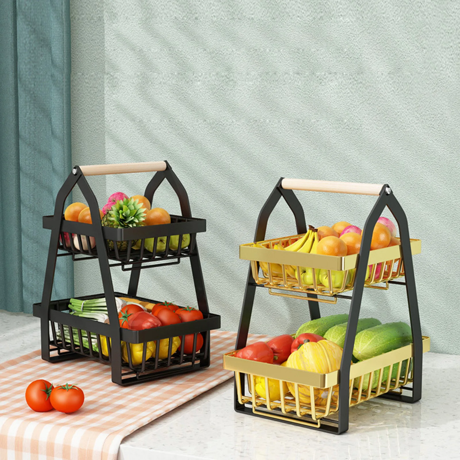 2 Tier Bread Vegetable Farmhouse Fruit Basket Bowl Stand for Dining Room Countertop Black Storage Basket Home Decoration