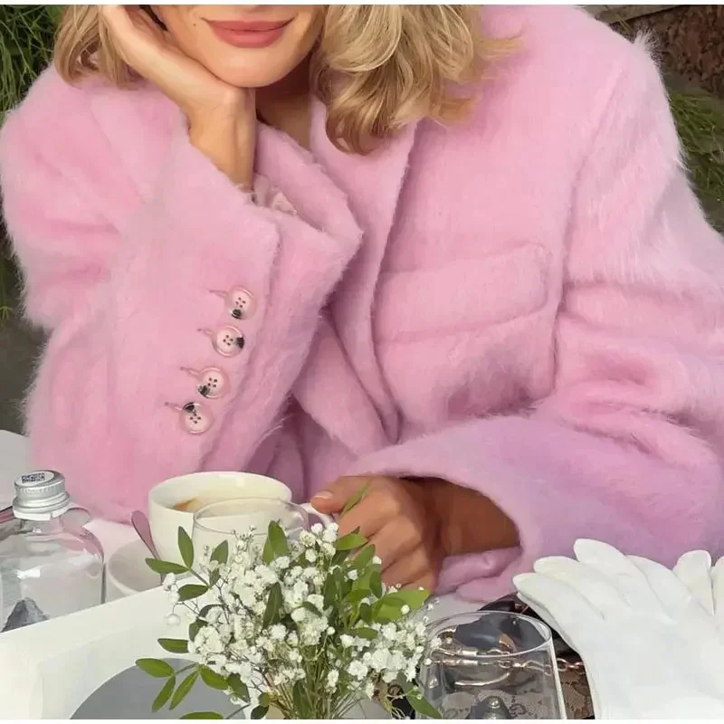 Fashion Pink Lapel Long Hairy Blazer Jacket Women Warm Thick Single Breasted Loose Outwear Autumn Office Lady Commute Streetwear