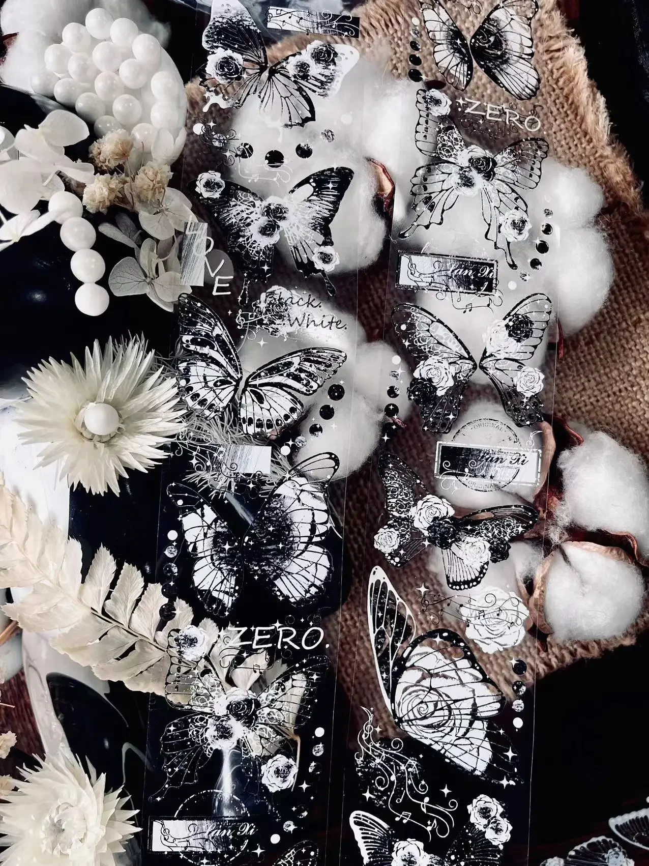 Vintage in bianco e nero farfalla Shell Light Shiny PET Tape Roll Card Making Collage Decoration