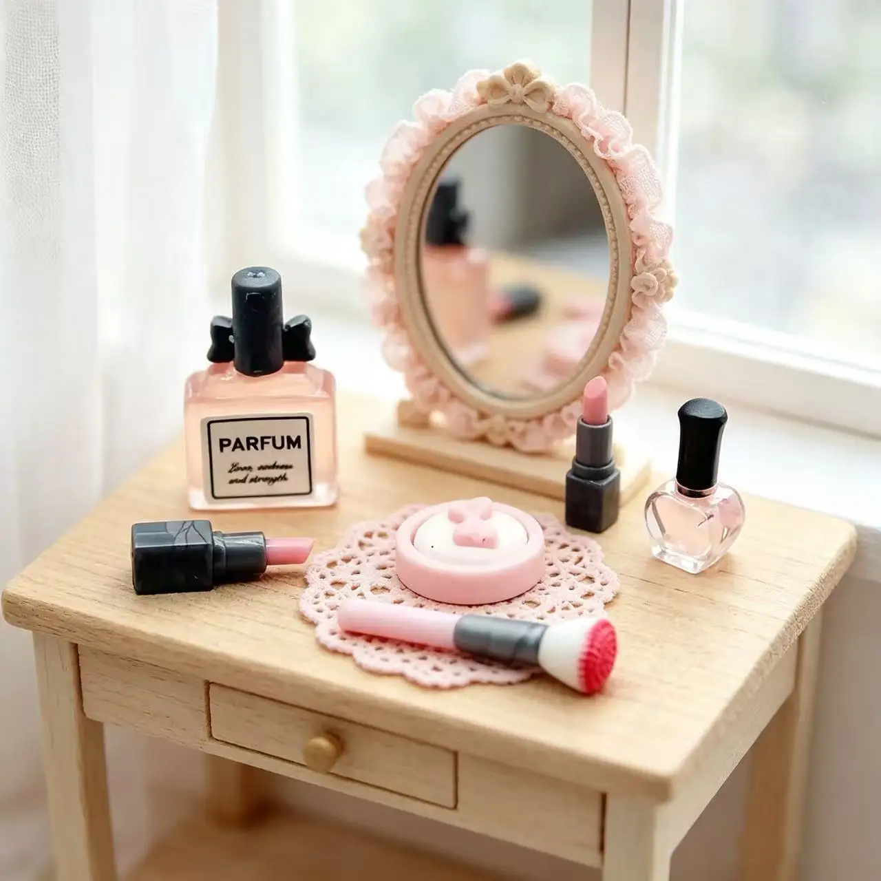 5pcs Dollhouse Miniature Makeup, 1/12 Mini Lipstick, Perfume  Powder Puff Nail Polish, Makeup Brush Models Suitable for Christma view 2