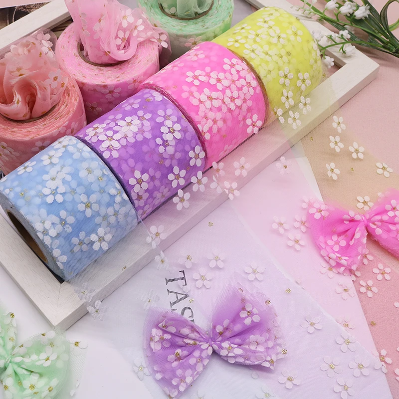 6cm Width 25Yards Daisy Tulle Ribbon Mesh Roll DIY Handmade Hair Decoration Baking Party Wedding Printed Mesh Fabric Supplies