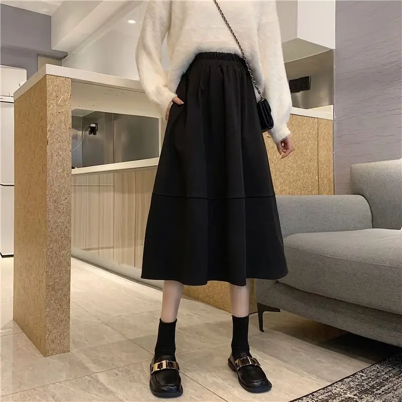 

Skirts Women Mid-calf High Waist Friends Korean Style Elegant College Spring Autumn All-match Chic Mujer Faldas Female Solid Ins