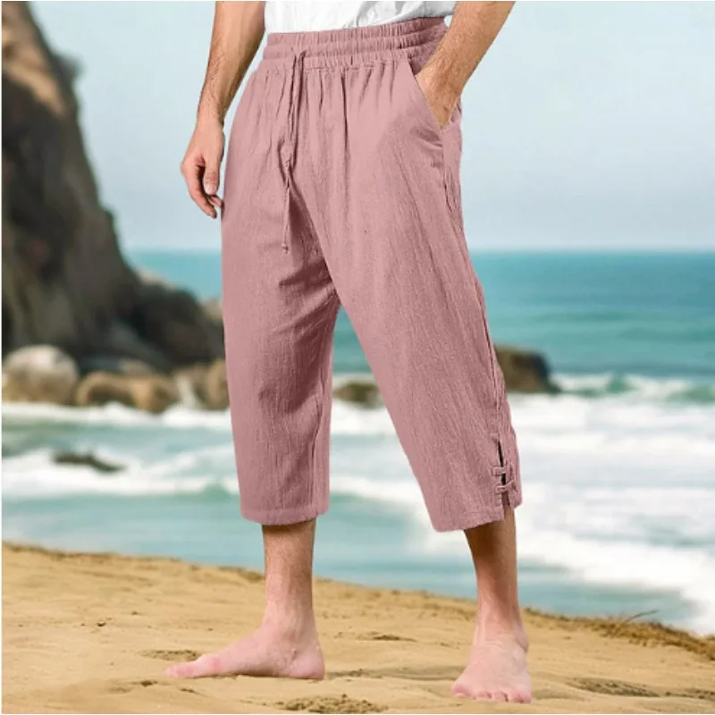 Men's Pants Casual Summer Waist Drawstring Multi-pocket Linen Cropped Pants Beach Pants