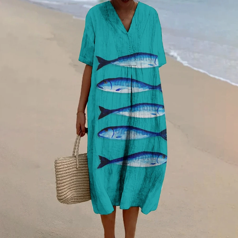 

Women's Print Flowy Dress Ocean Fish Blue Dress With Beach Style V Collar One-Piece Long Skirt Holiday clothing Grace Summer