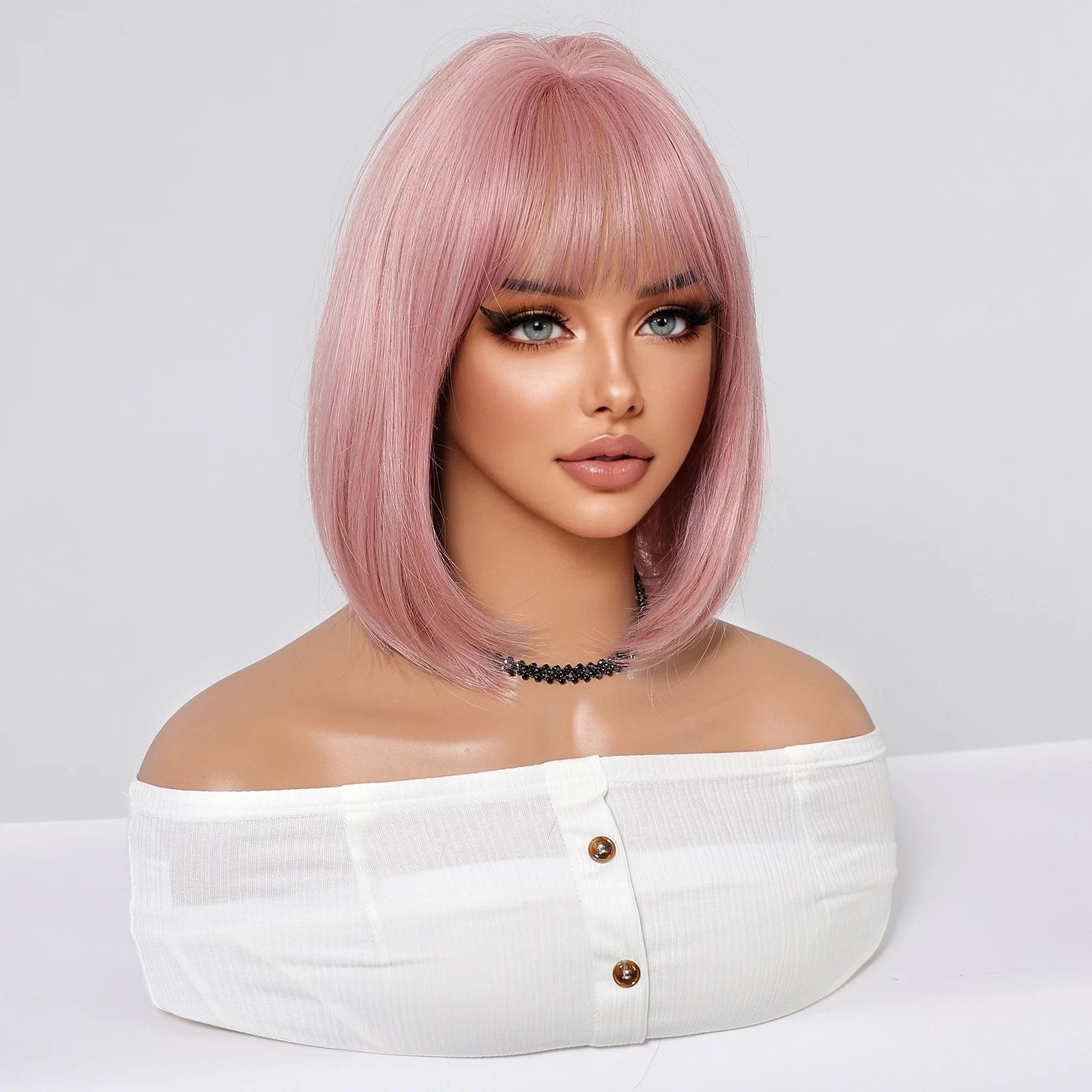 ALAN EATON Short Pink Synthetic Natural Bob Straight Wigs with Bangs for Women Party Daily Helloween Use Heat Resistant Fiber