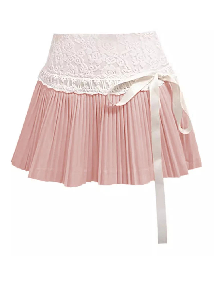 

2024 Pure Desire Style Girl Pink Cake Exquisite Sweet Lace Splicing Lace Fold Skirt Short Skirt Trend faldas skirts