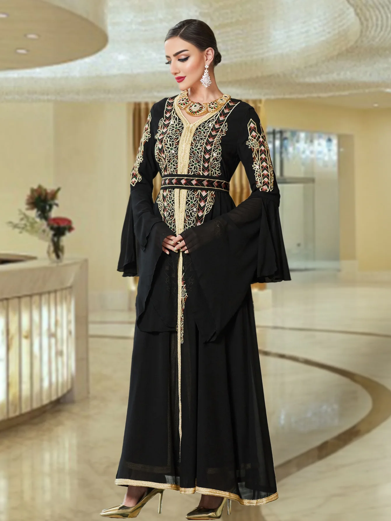 Ramadan Islamic Muslim Moroccan Luxury Fashion Black Chiffon Splicing Heavy Embroidery Horn Sleeve Long Dress Arab Party Robe