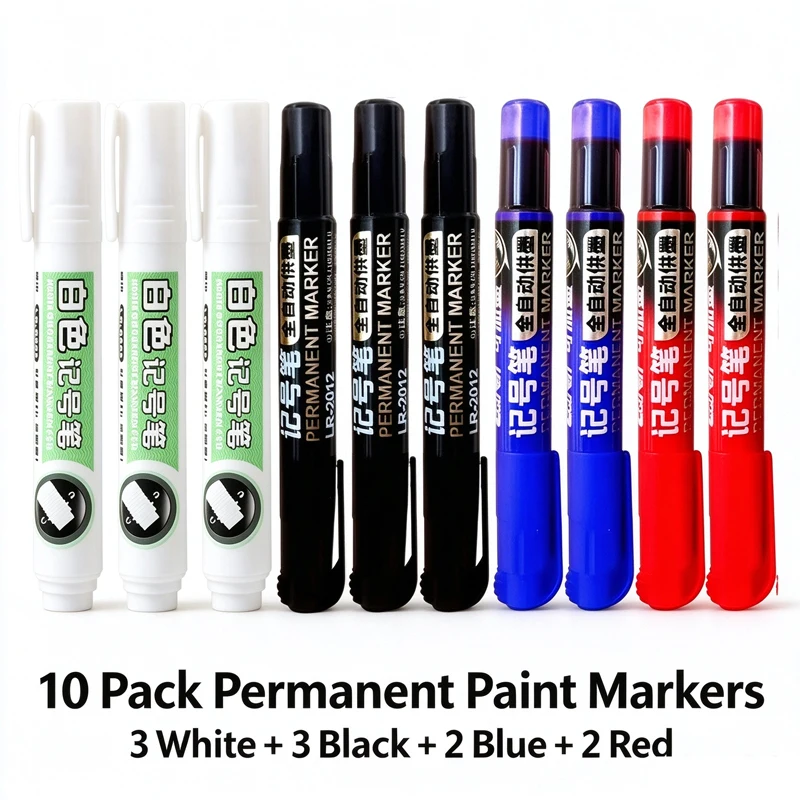 10 Pack Permanent Paint Marker, White/Black/Blue/Red Oil Based Marker Pen for Wood Metal Stone Glass Tire DIY Craft Marking