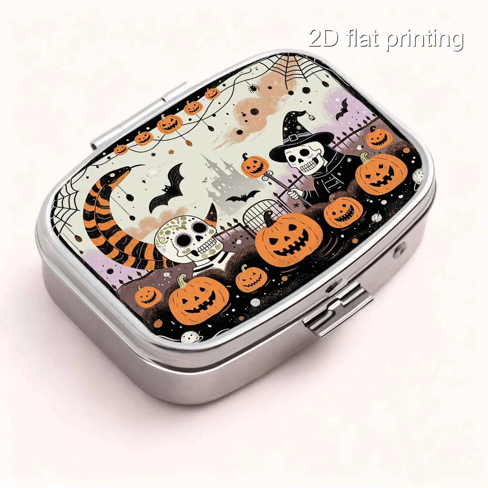 1Pc Flat Cartoon Pink and Purple Halloween-Themed Box with Skull, Wizard, Crescent Moon, Pumpkin, and Spider Designs, Square Two-Compartment Small Pill Box, Portable Medicine Organizer, Small Jewelry Storage, Suitable for Handbags or Travel, Holiday Gifts, Souvenirs, Prizes, Small Gifts, Suitable for Personal Use or as an Exquisite Gift Option
