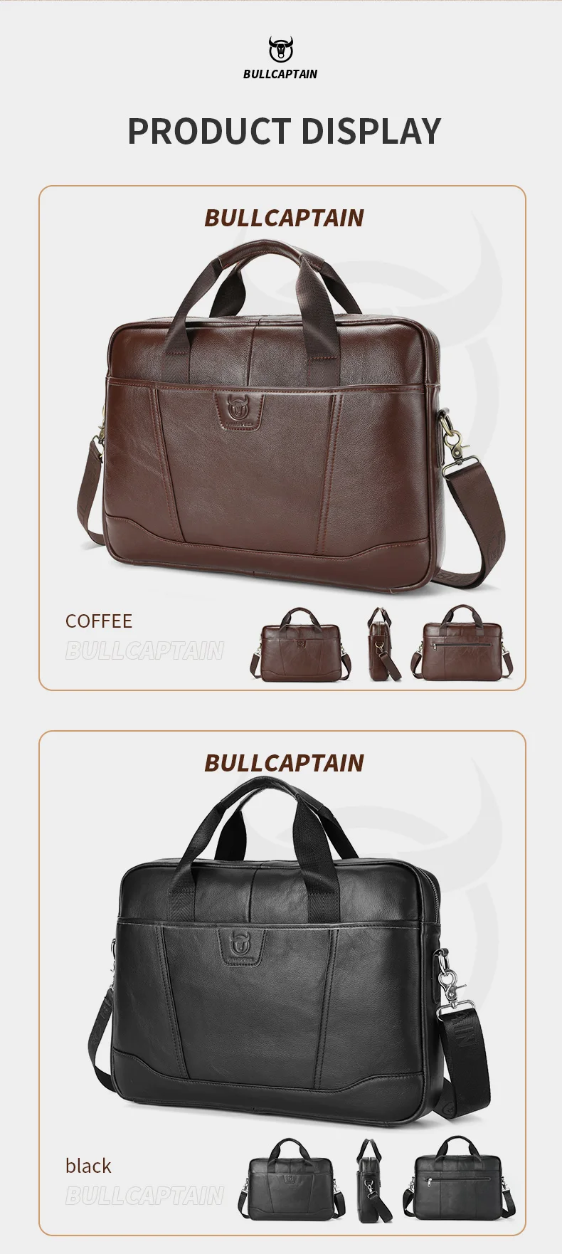 BULLCAPTAIN Men's Briefcase Bag Top Layer Leather Handcrafted Laptop Bag with Multiple Compartments Business Shoulder Messenger