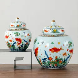 Chinese Ceramic Fish Tea Candy Box with Lid Table Top Flower Arrangement Vase Handicraft Home Jewelry Food Sundries Storage Jar