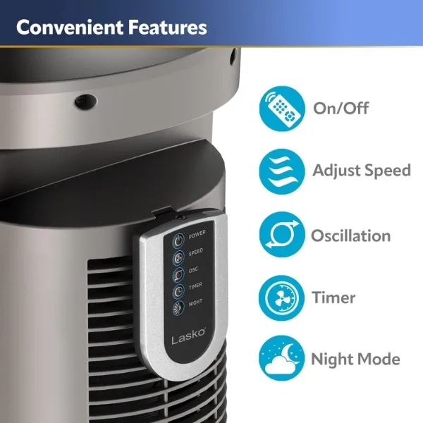 Lasko Oscillating Tower Fan, Nighttime Setting, Remote Control, Portable, Timer, for Bedroom, Home and Office