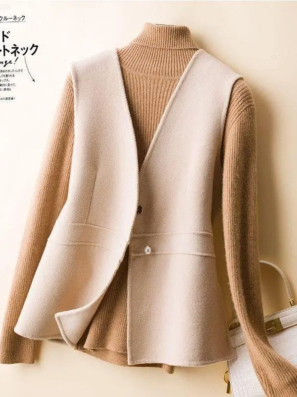 

Женский шерстяной жилет, осень-зима 2022, новый облегающий шерстяной жилет с открытыми плечами, однотонный шерстяной жилет