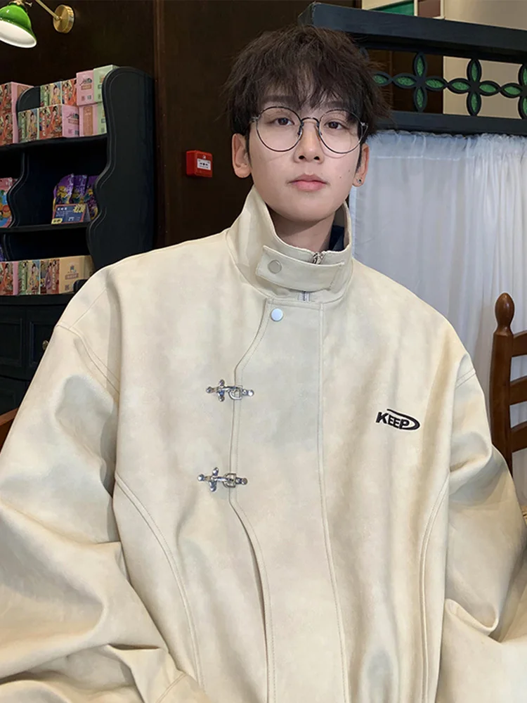 

2024 New Men's PU Leather Stand Collar Jaet American Retro Suede Autumn Faionable Outerwear Youth ular Loose Fit