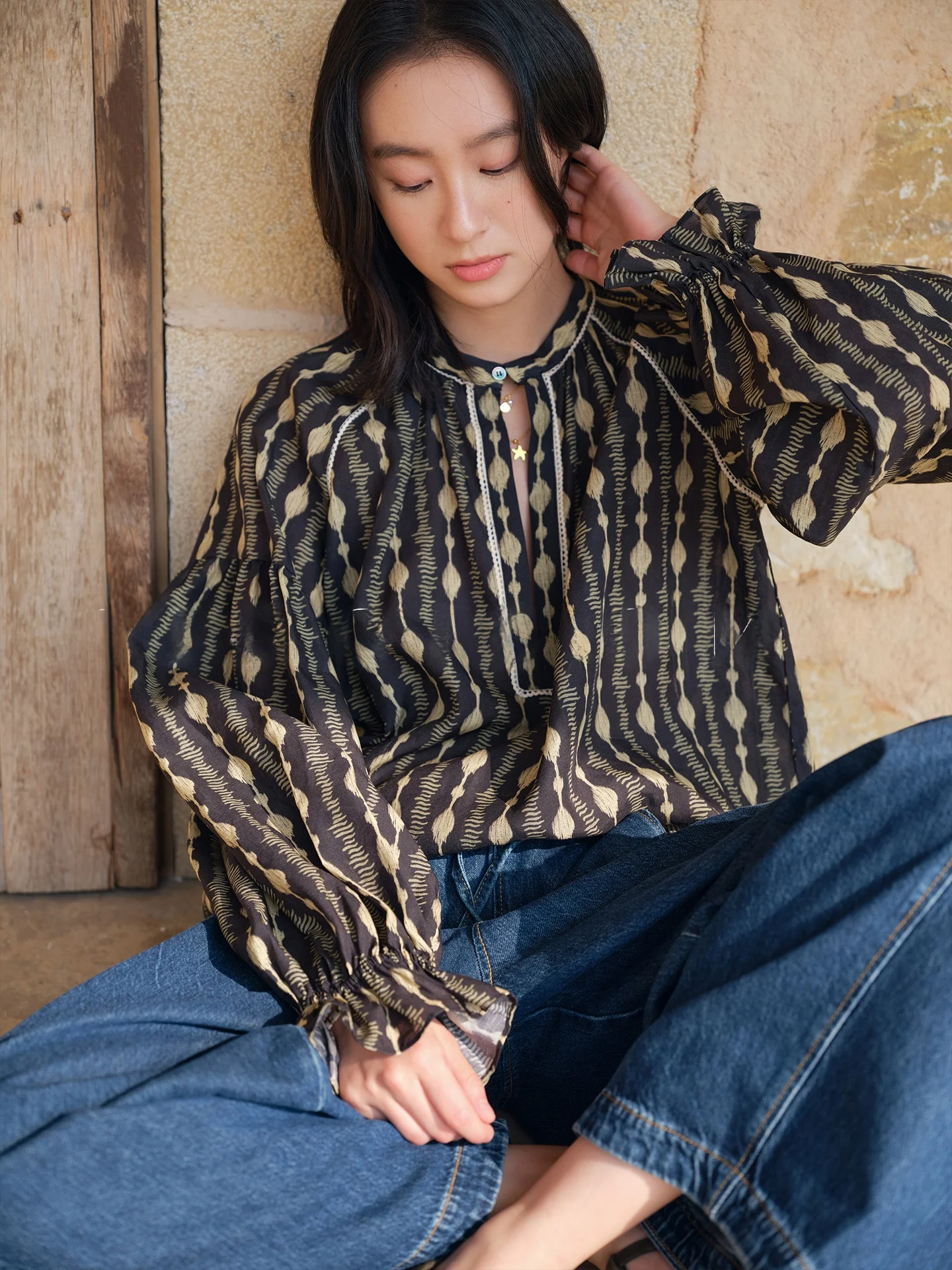 

Biggie Artistic Style Long Sleeve Shirt Women's Cotton Linen Blend Loose Fit Shirt Stand Collar Button up Spring Summer