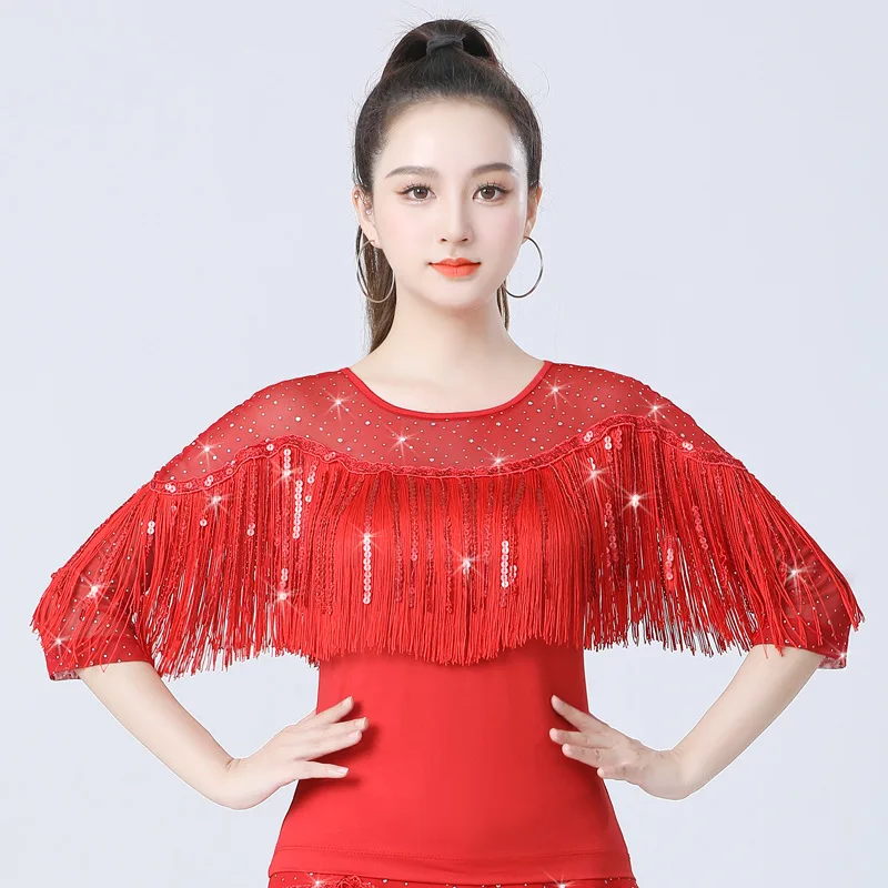 여성용 성인 라틴 스타일 재즈 모던 댄스 의상 탑 볼룸 댄스 스팽글 태슬 공연 의상 레이브 의상