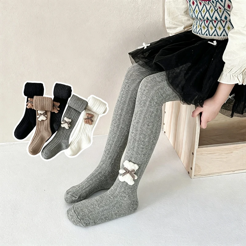 Fluffy Bear And Bow Decor Pantyhose Cute Little Girls Wear Resistant Anti Pilling Texture Comfort Stretch Fabric Daily Leggings view 5