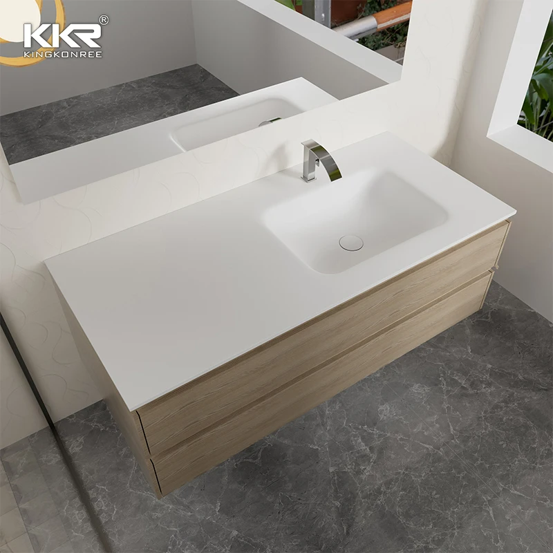 Integrated Sink and Solid Surface Vanity with Modern Design for Hotel Efficiency and Bathroom Storage