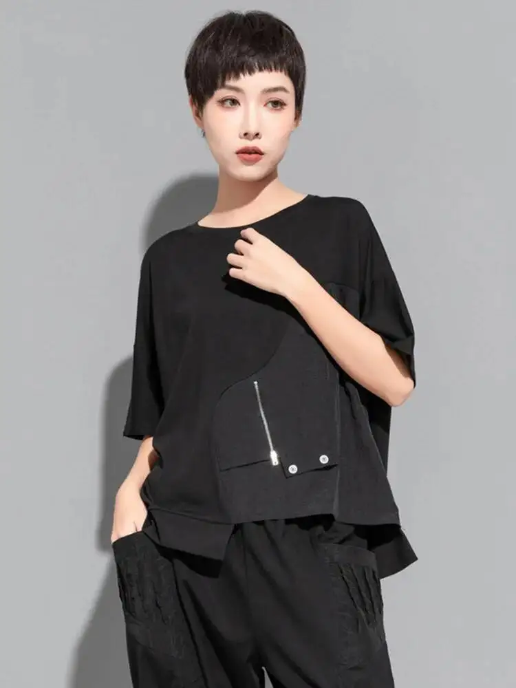 Black Irregular Women Casual Big Size T-shirt New Round Neck Short Sleeve Fashion  Spring Summer 2026 JKQB
