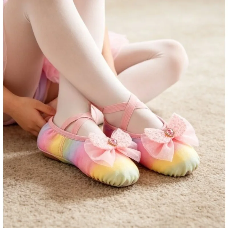 Rainbow Bow Sequins Kids Ballet Cat Paw Dance Shoes Girls Soft Sole Anti Slip Footwear for Dance Performance Practice Slippers
