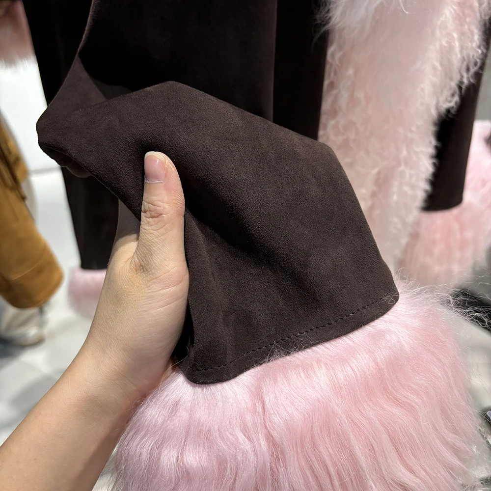 YOLOAgain Real Mongolia Sheep Fur Jacket Long Dark Brown Suede Coat Women