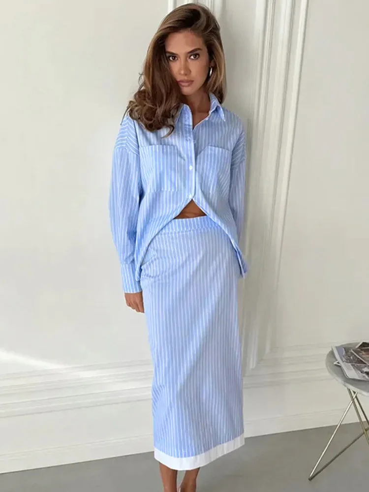 

Trendix Fall Long Skirt Two Piece Sets For Women Fashion Striped Cardigan Tops High Waist Casual Side Maxi Dress Sets 2025 New