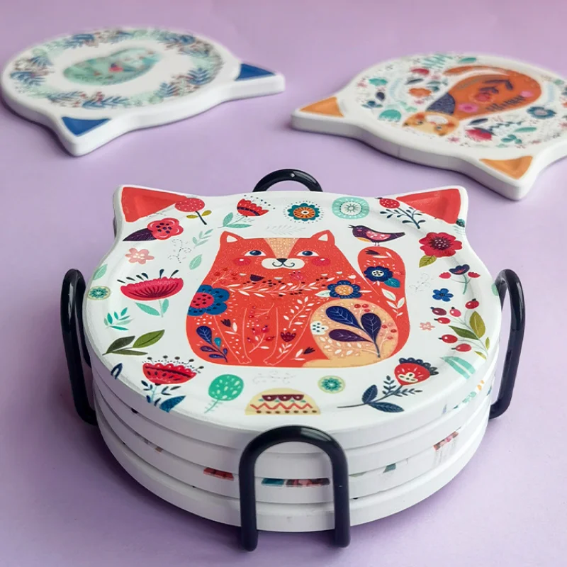 Cute Cat-shaped Ceramic Coaster Heat Insulation Pad Table Water Cup Holder Coffee Cup Non-slip Mat