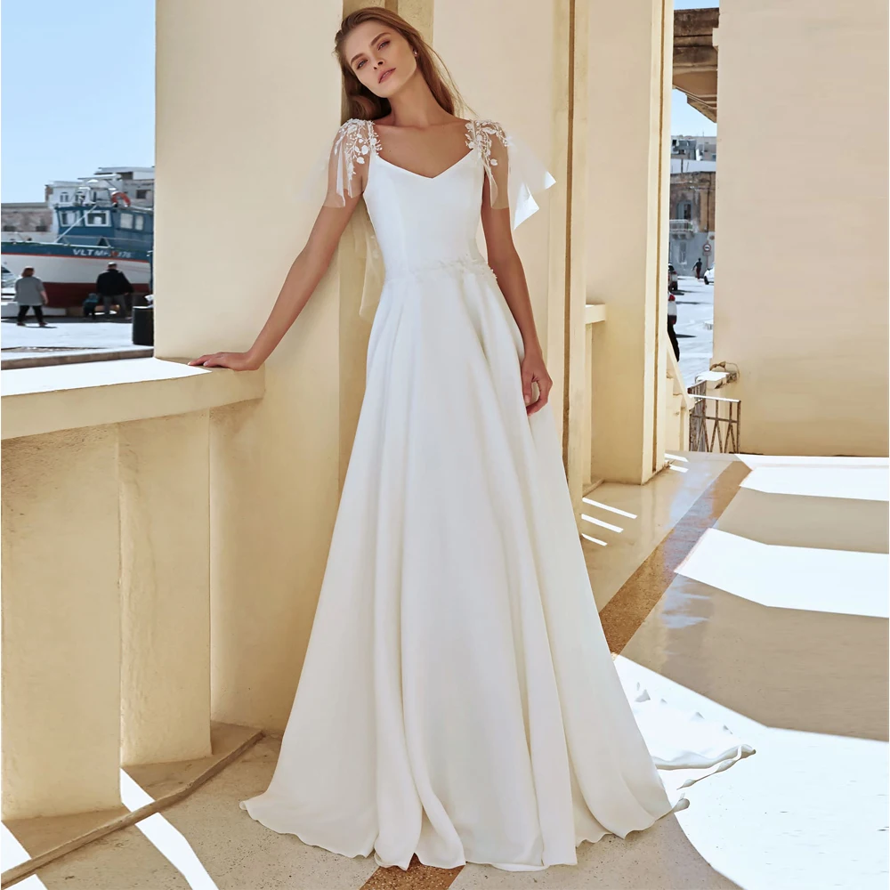 

Elegant Floor Length V-Neck Wedding Dresses High Quality Jersey Appliques Short Sleeve Zipper Back A-Line Bridal Gowns 2022 New