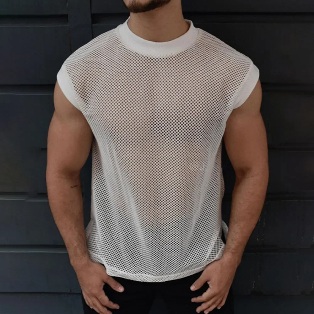 Mens Sexy Transparent Mesh Vest Fashion Perspective Sports Casual Solid Color Mesh Sleeveless Top Men Clothing 2024 Summer New