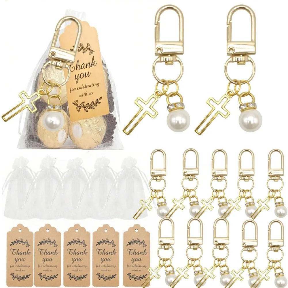 Juego de Cajas de Regalo para Bautizo (1/5/10/20 Unidades), Llaveros con Cruz de Perlas, Decoración Completa para Primera Comunión, Bautizo y Cristening