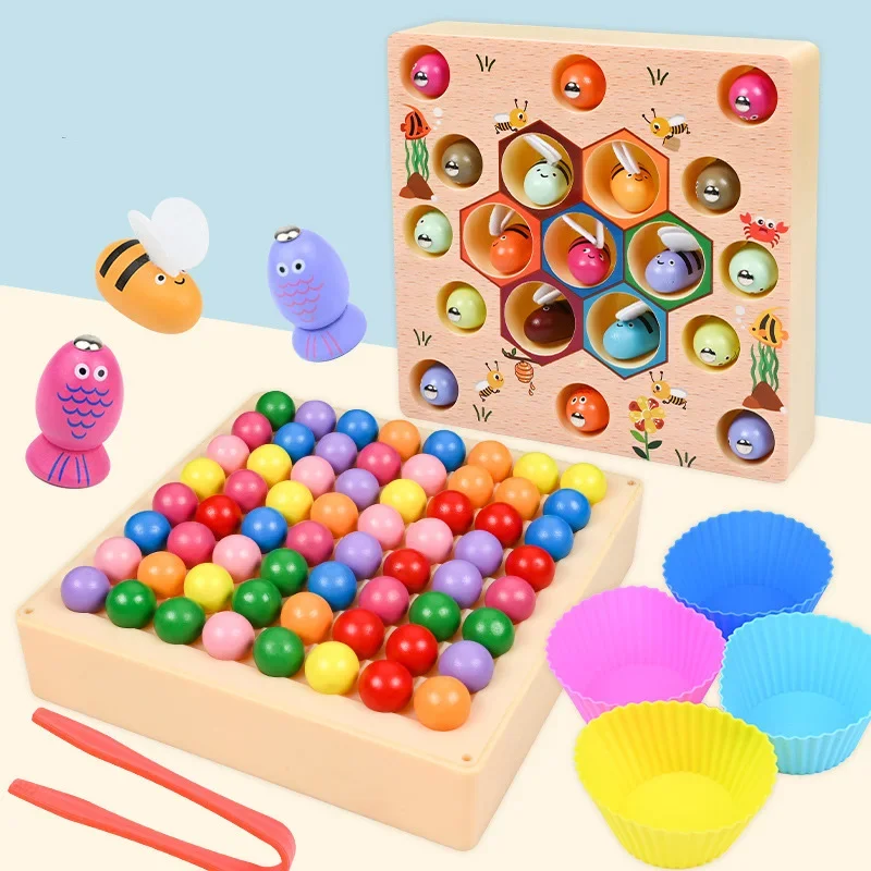 2022 New  Math Toys For  Gift Educational Montessori Toys Color Sorting Wooden Game Hands Brain Training Clip Beads