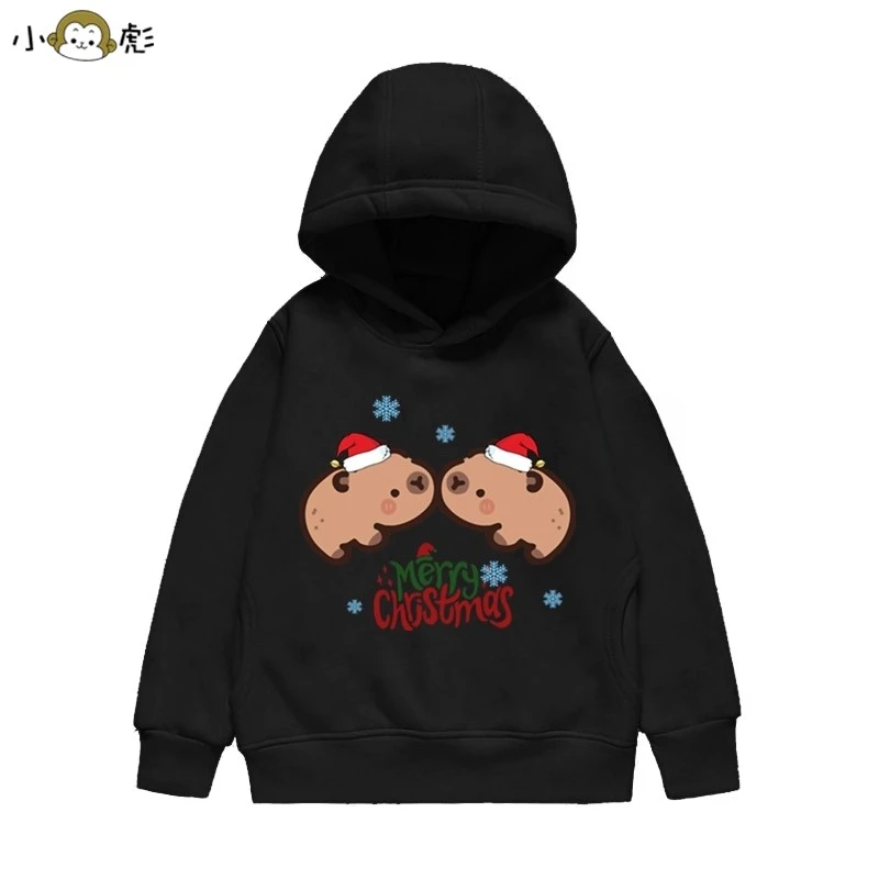Felpa con cappuccio natalizia con stampa capibara carina per bambini autunno e inverno, pullover comodo da esterno per ragazzi e ragazze