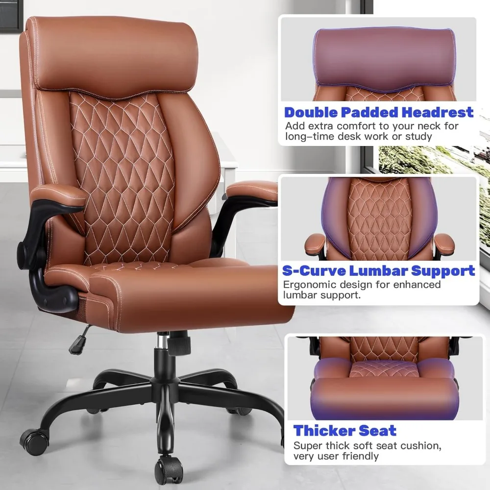كرسي مكتب تنفيذي عالي الظهر - مكتب كمبيوتر مريح مع وظيفة هزازة، إدارة جلدية مع ذراع قابل للتعديل