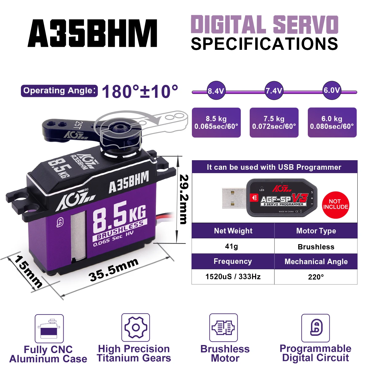 AGFRC A35BHM High Speed 8.5KG Titanium Gear HV Brushless Programmable Digital Servo For 1/12 Scale RC Cars Large Cars/ trucks