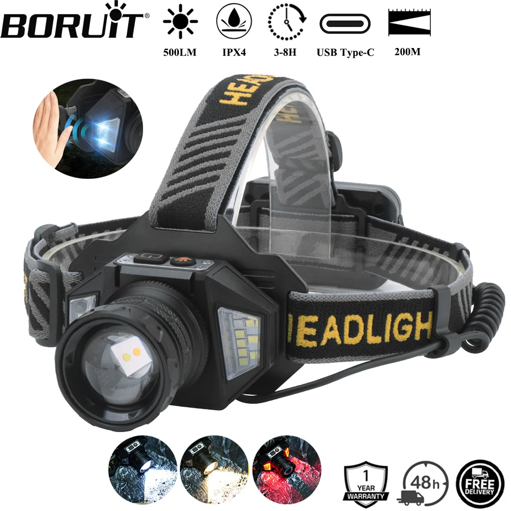BORUiT T503A 500LM Motion Sensor LED Zoom Headlamp Type-C Rechargeable Power bank Headlight Waterproof Camping Head Torch