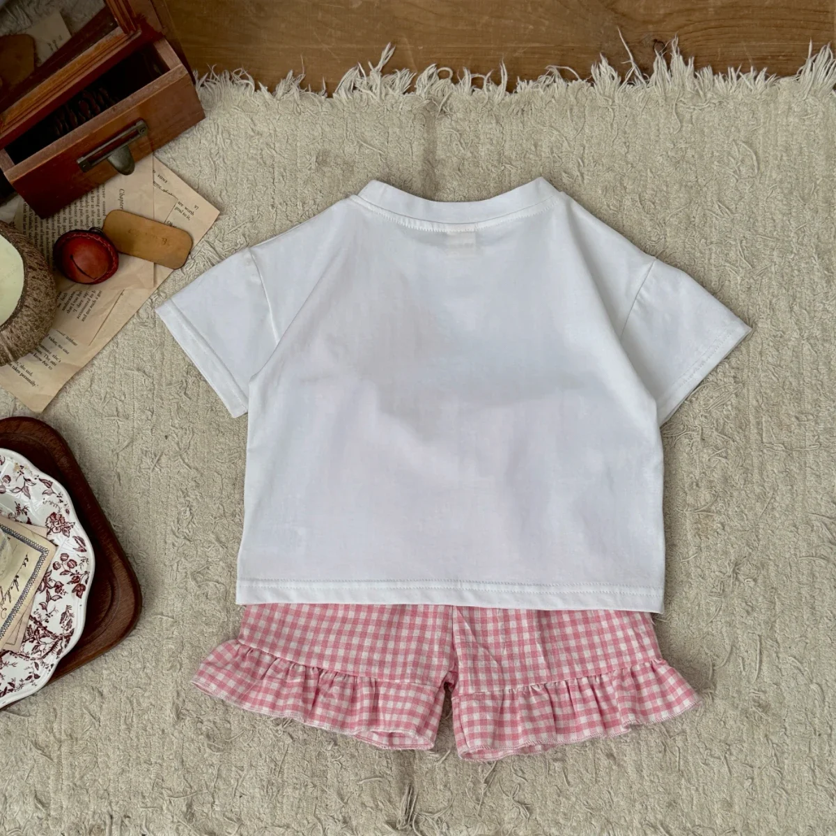 2Pcs Summer Baby Boy Girl Set Cotton Heart-shaped Sticker Short Sleeve T-Shirts +plaid Shorts Kids Clothes Suitable for 0-3Y