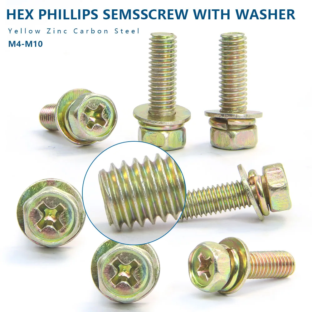 NINDEJIN Cross Hexagon Head Screw with Flat Washers Combine Spring Washers Yellow Zinc Steel M4 M5 M6 M8 Phillips SEMs