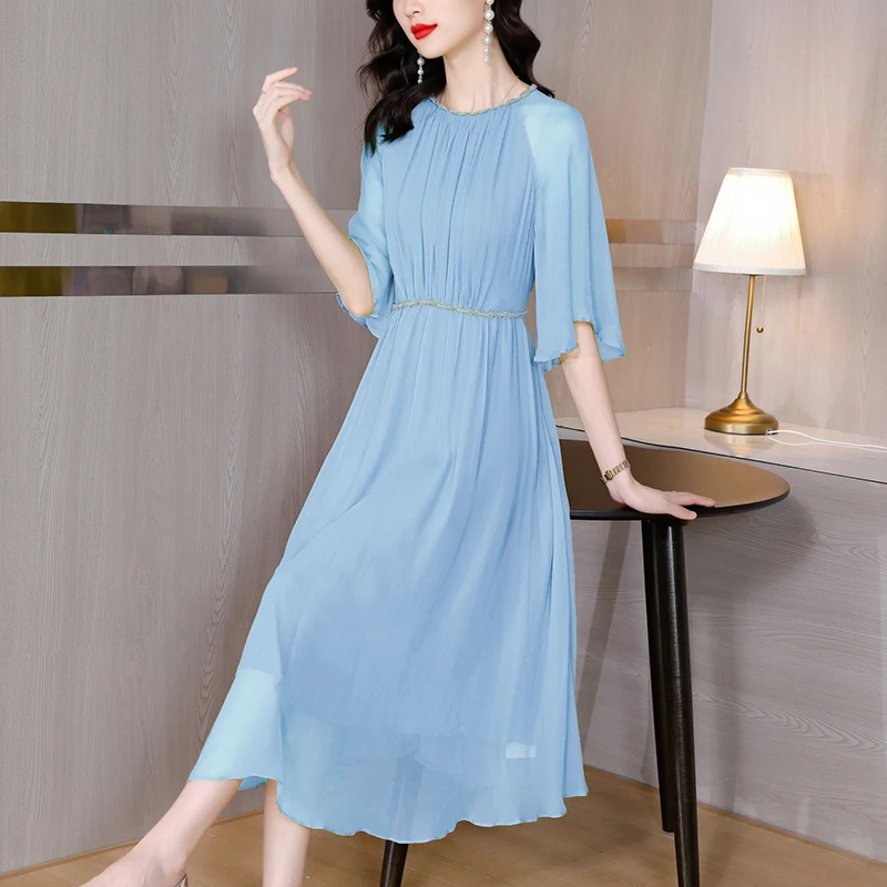 Silk Dress Women\'s Summer 2023 New Style O-Neck Short Sleeve Skirt Silk Belt Waist Slim Solid Color Knee Length Dress