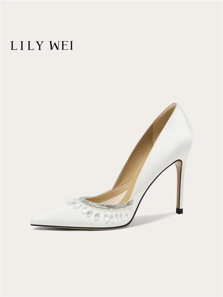 Spring New Pointed Crystal Beaded Silk Wedding Shoes Banquet Dress Large Size Small Size Widening High Heels Women's Shoes