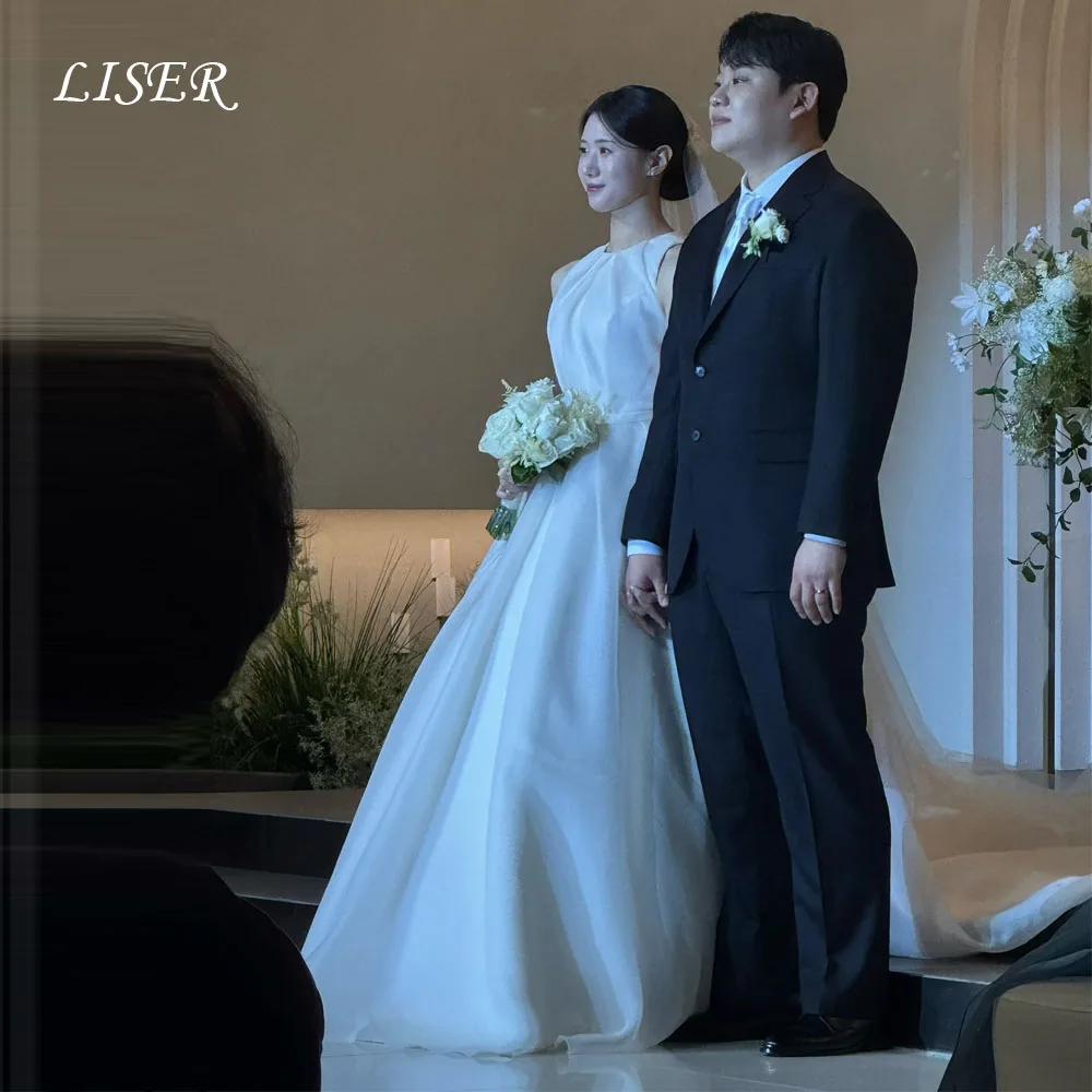 Liser O-Neck A-Line Simple Korea Wedding Dresses Customized Silk Satin Photo Shoot 웨딩드레스 Elegant Long Bridal Gowns